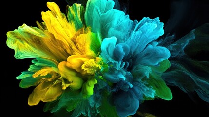 Poster - An abstract, AI-generated illustration with vibrant colors--green, yellow, and blue--clashing against a deep black background for a striking, energetic look