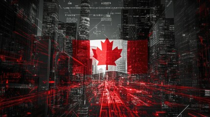 Poster - Canadian Flag in a Futuristic Cityscape