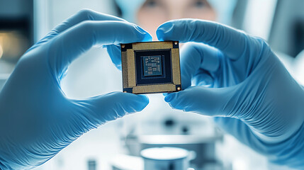 Close up photo of a blue gloved hand holding an anti-tank chip against a clean white laboratory background showing fine detail in high resolution, demonstrating technological precision.