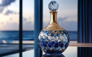 a decorative glass decanter with a blue and gold design, set against a scenic ocean view.