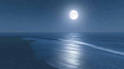 a serene ocean scene under a starlit sky, waves gently lapping at the shore, reflecting the moonligh