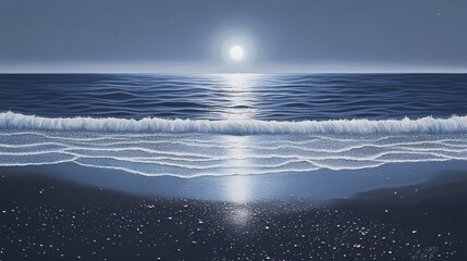 Wall Mural - a serene ocean scene under a starlit sky, waves gently lapping at the shore, reflecting the moonligh