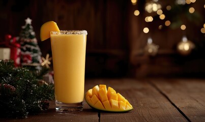 Poster - A glass of orange juice with a slice of mango on top