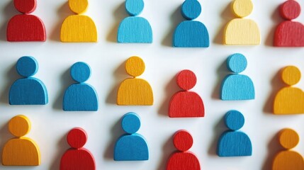 Poster - A close-up of a group of wooden figurines in red, blue, and yellow, arranged in a pattern on a white surface.