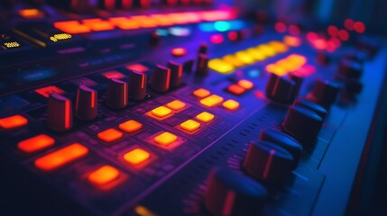 Close-Up of a Sound Mixer with Colorful Lights