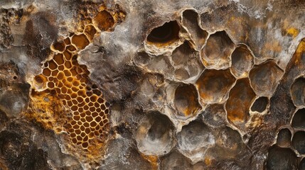 Poster - A close-up view of honeycomb embedded in rock, showing the intricate details of the hexagonal cells.