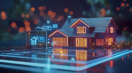 Poster - A miniature house sits on a digital interface with icons representing home automation and security.