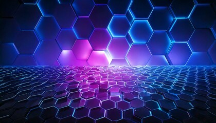 Poster - Mimimal abstract background hexagon pattern glowing light blue and purple