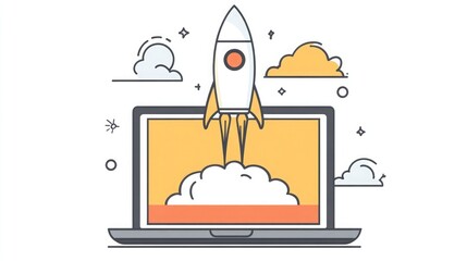 Poster - A white rocket launches from a laptop screen, symbolizing the power of technology and innovation.
