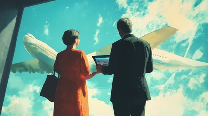Poster - A man and a woman watch as an airplane takes off from the airport. The woman is wearing a red dress and the man is wearing a suit. The scene is filled with anticipation and excitement.