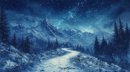 Poster - A winding path leads through a snow-covered forest towards a towering mountain range under a starry night sky.