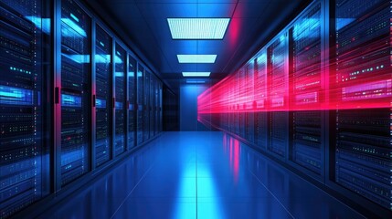 Poster - A futuristic server room with red and blue lights reflecting off the shiny floor. The image evokes feelings of speed, data transfer, and modern technology.