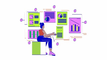 Poster - Data-driven product management doodle animation. Business analyst with charts 4K video motion graphic. Project manager african american woman animated 2D flat cartoon concept, white background