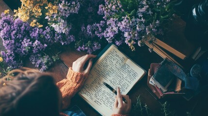 Poster - A woman with long brown hair sits at a table, writing in a journal surrounded by a beautiful arrangement of flowers.
