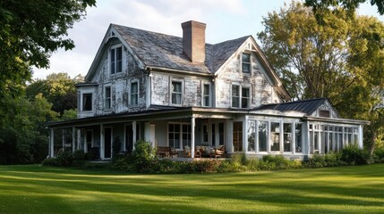 Poster - A weathered white farmhouse with a large porch sits on a grassy lawn with mature trees behind it.