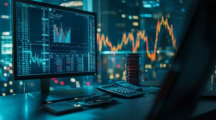 Fototapete - Financial analyst's desk displays dynamic market data and insights for strategic decision-making