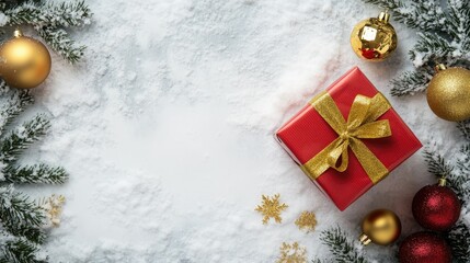 Wall Mural - Festive Christmas Gift Box with Gold Ribbon Surrounded by Ornaments on Snowy Background, Ideal for Holiday Celebrations and Seasonal Greetings