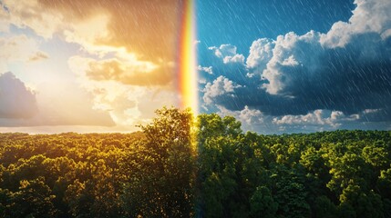 Aufkleber - Explore the contrast between a bright cheerful day and a stormy rainy scene featuring a vibrant rainbow