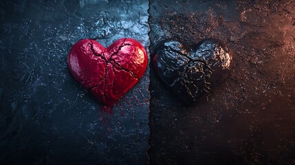 Poster - Explore the duality of love and heartbreak through a split image of a red and black heart symbolizing emotions