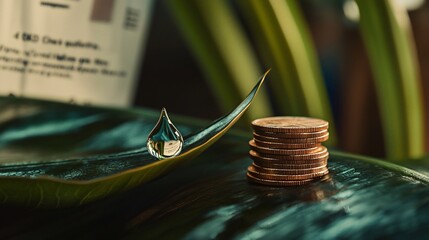 Poster - Explore the beauty of nature with an ultradetailed water droplet balancing on a leaf next to sparkling coins