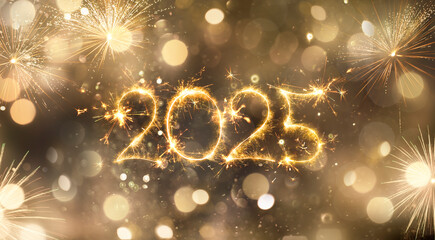 Wall Mural - happy new year 2025 - golden sparkler numbers and fireworks in glowing sparkling background - holida