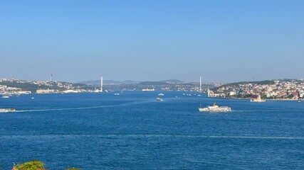 Wall Mural - Bosphorus strait, blue sea of Marmara with travel tour boat, distant view of Bosphorus Bridge