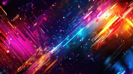 Poster - 3D wallpaper featuring glowing lines and geometric figures in bright neon colors for a futuristic design