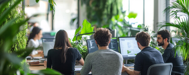 modern office with programmers working amidst indoor plants