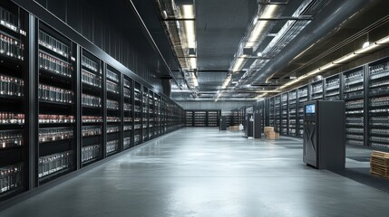 Poster - A modern storage facility with organized shelves and appliances for efficient inventory management.