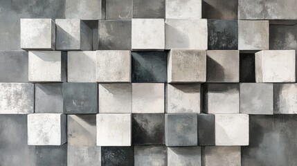 Poster - A 3D wallpaper design featuring minimalist stacked cubes in varying shades of gray and white .