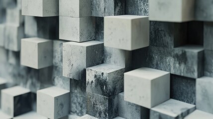 Poster - A 3D wallpaper design featuring minimalist stacked cubes in varying shades of gray and white .