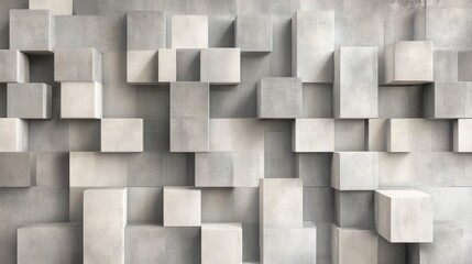 Poster - A 3D wallpaper design featuring minimalist stacked cubes in varying shades of gray and white .