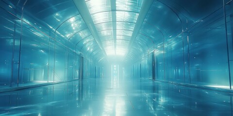 A futuristic, glass-walled corridor illuminated by an overhead light source