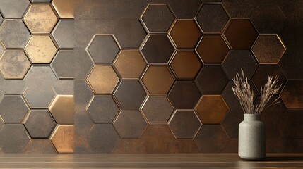 Poster - A 3D wallpaper featuring intricate hexagonal patterns with a metallic finish, sleek and modern design