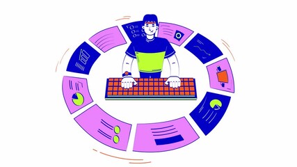 Poster - Data analytics business reports doodle animation. Key performance indicators analysis 4K video motion graphic. Computer analyst typing keyboard animated 2D flat cartoon concept, white background