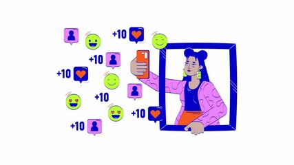 Poster - Latina girl taking selfie for social media doodle animation. Gum bubble influencer gen z 4K video motion graphic. Hispanic young woman smartphone animated 2D flat cartoon concept, white background