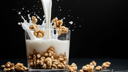 Wall Mural - Fresh milk pouring into a glass containing walnuts, with splashes around, creating a dynamic, high-contrast image against a dark background.