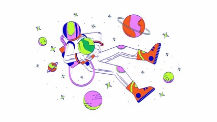 Poster - Helmet astronaut floating in space doodle animation. Spaceman universe exploration 4K video motion graphic. Cosmonaut surrounded by cosmic planets animated 2D flat cartoon concept, white background