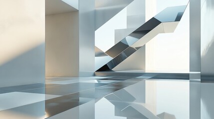 Poster - Abstract 3D wallpaper with floating geometric shapes and reflective surfaces, modern and dynamic feel