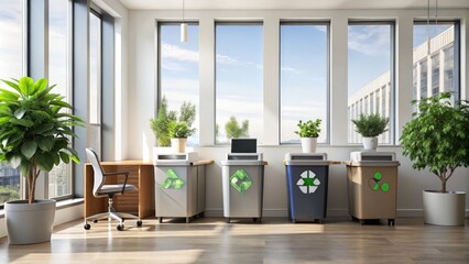 Sticker - Eco-friendly Office Space Featuring Recycling Bins and Greenery in Daylight. Generative AI