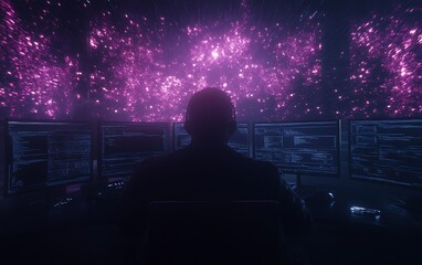 Poster - A silhouette of a person sits in front of multiple screens displaying vivid, colorful data visualizations against a dark, ethereal backdrop.