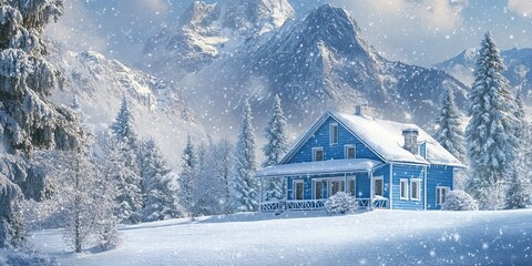 blue winter house with trees and soft snowflakes on beautiful mountain view background 