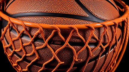 Close-up of an orange basketball caught in a net