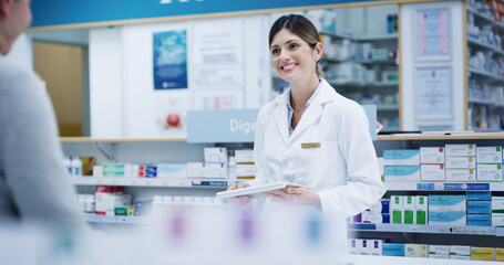 Poster - Happy pharmacist, tablet and woman helping customer for recommendation, advice or prescription in retail drugstore. Medical pharmacy, man and consultation with technology for healthcare and medicine