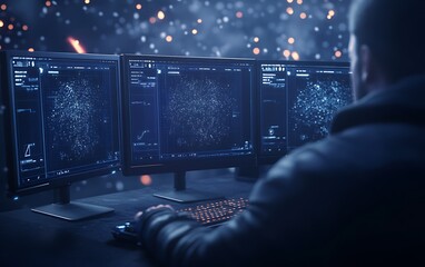 Aufkleber - A person operates multiple monitors displaying intricate digital networks, immersed in a high-tech environment that suggests data analysis or cybersecurity work.