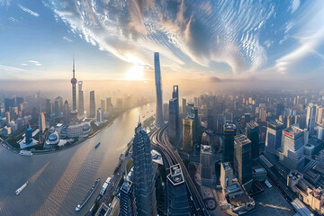 Poster - The city of Shanghai, China, with the Lujiazui Tower in view and skyscrapers along the Bund, is photographed from above