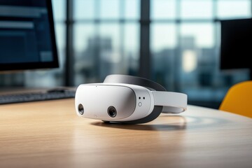 Poster - Modern Virtual Reality Headset on Architect's Desk Featuring Advanced Technology in a Bright Office Environment