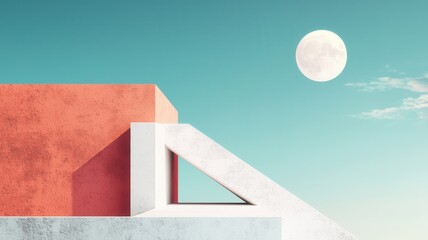 Poster - Digital Collage Featuring Layered Architectural Elements Against a Soft Sky with a Full Moon and Textured Surfaces in Vibrant Colors