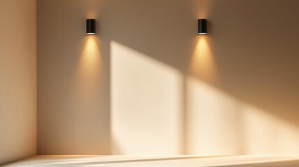 Poster - Modern Architectural Wall Sconces Emitting Upward Light in a Minimalist Setting with Clean Lines and Soft Illumination on a Beige Background