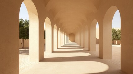 Poster - Serene Architectural Interior with Warm Natural Light Streaming Through Arched Openings and Creating Shadows on the Floor